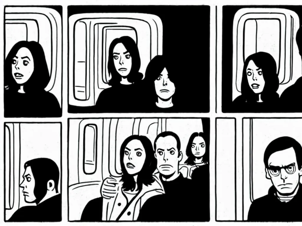 Image similar to a single comic panel by Daniel Clowes, 3/4 low angle view wide shot of two people sitting in an empty Chicago subway train, in front of windows: a sad Aubrey Plaza in a parka and a friendly Mads Mikkelsen in a suit