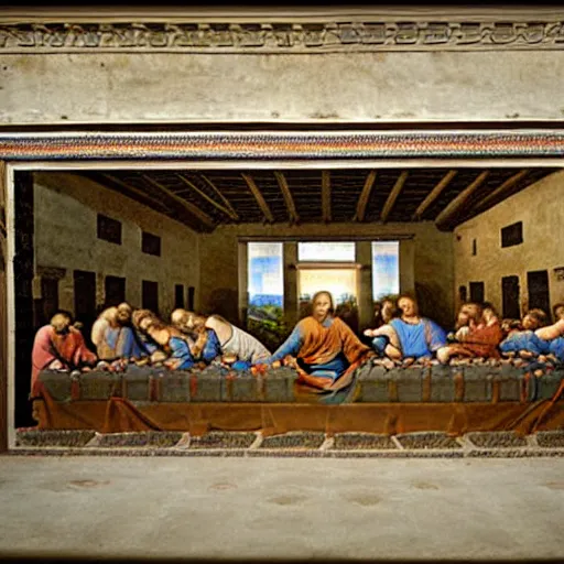 Image similar to on the wall of a stone temple, a large detailed stone carving of The Last Supper by Leonardo Da Vinci