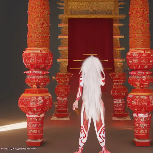 Image similar to albino Asian miko in a shintoist temple, full body, unreal engine octane, red and white, gliter, depth of field, 8k, hyper detailed, trending on artstation