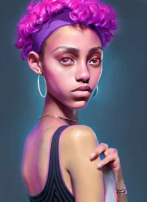 Image similar to portrait of teenage vanessa morgan with bright pink hair, black girl, curly pixie cut hair, wearing a purple breton cap, breton cap, hoop earrings, intricate, elegant, glowing lights, highly detailed, digital painting, artstation, concept art, smooth, sharp focus, illustration, art by wlop, mars ravelo and greg rutkowski