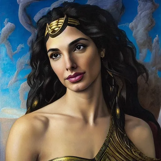 Image similar to Full body oil painting of the beautiful goddess Gal Gadot, she is egyptian, she is wearing a strophion and a surreal ornate, her hair is natural disheveled, she is approaching heaven over the clouds, naturalism, dramatic lighting, high-detailed oil painting by Ilya Repin, Michelangelo da Caravaggio, William Blake, Alex Grey and Beksinski, trending on Artsation, hystorical painting, naturalism, masterpiece, 4k, 8k,