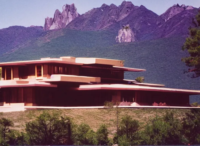 Image similar to photograph of a frank lloyd wright house in front of beautiful mountains by ansel adams, 2 0 0 mm, color film camera, pentax