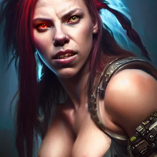 Image similar to portrait painting of a cyberpunk orc shaman extremely muscular ugly scarlett johansson with bad teeth, ultra realistic, concept art, intricate details, eerie, highly detailed, photorealistic, octane render, 8 k, unreal engine. art by artgerm and greg rutkowski and charlie bowater and magali villeneuve and alphonse mucha