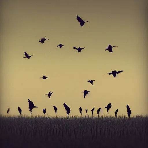 Image similar to A field full of crows, dark sky, trending on artstation.