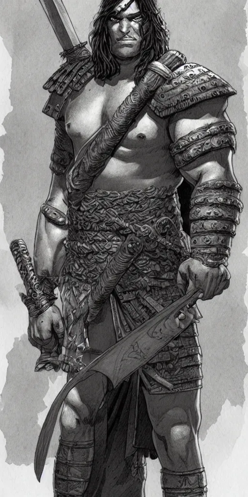 Image similar to a large young barbarian male warrior, d & d, fantasy, portrait, in travis charest style