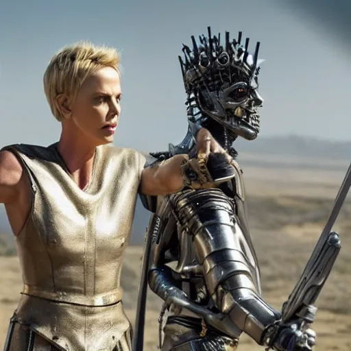 Image similar to Charlize Theron as a Terminator sent back in time to King Arthur's court, knights, beautiful, detailed, epic action, 4k cinematic action, by James Cameron