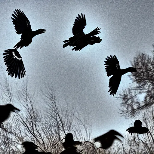 Prompt: to shoot at crows is powder flung away. cinematic 3 5 mm hdr 8 k