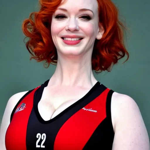 Image similar to Christina Hendricks as volleyball player, body, realistic,