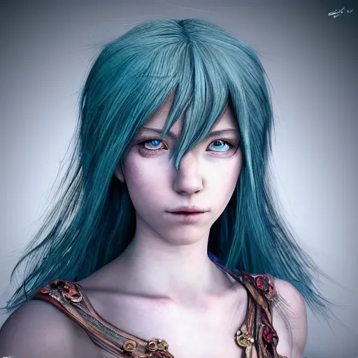 Prompt: The dragon girl, portrait of young girl half dragon half human , dragon skin, dragon eyes, dragon crown, blue hair, long hair, highly detailed 3D render, 8k, rpg concept art character, jrpg character, manga, anime, video game character, concept art, by Yoshitaka Amano and David Lynch