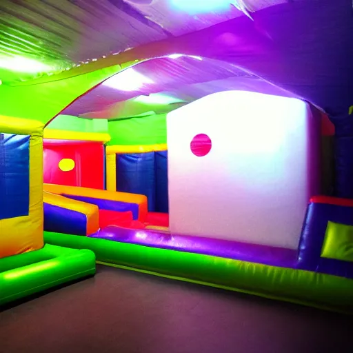 Image similar to a darkly lit indoor playplace bounce house photo taken with a deposable camera, limital space