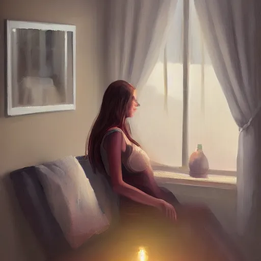 Image similar to oil painting of a beautiful woman in a cozy, comfort home, dimly lit, modern apartment, city from the window, insanely detailed, artstation, digital painting, cinematic lighting