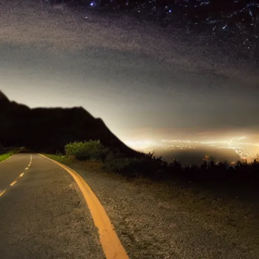 Prompt: Night scene, moonlit road, slow moving clouds passing by, light from car lights, view of mountains in distance. Full moonlight and starry sky.