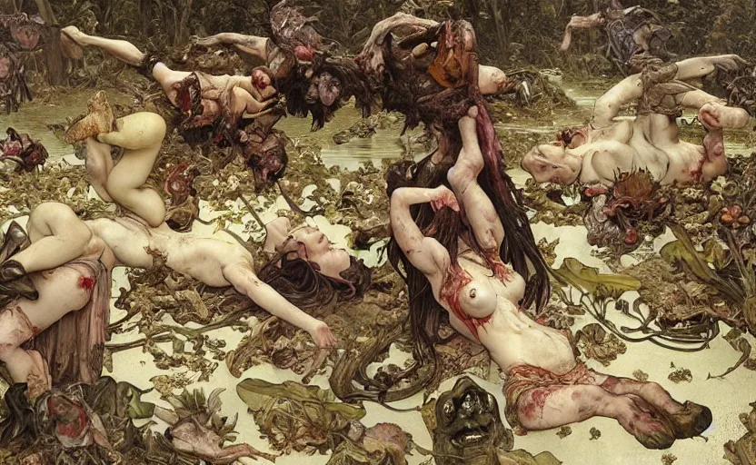 Image similar to renaissance grotesque painting of ovni crash wasteland, landfill, swamp, corpses on the floor, elegant artwork by lee bermejo and greg rutkowski and alphonse mucha