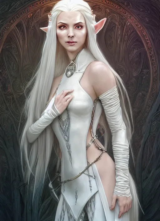 Image similar to portrait of a female elven mage, looking at camera, D&D, white leather dress, long platinum hair, intricate, elegant, stylish, cute smile, fantasy, extremely detailed, digital painting, artstation, concept art, smooth, sharp focus, illustration, ambient lighting, art by artgerm and greg rutkowski and alphonse mucha and simon stalenhag