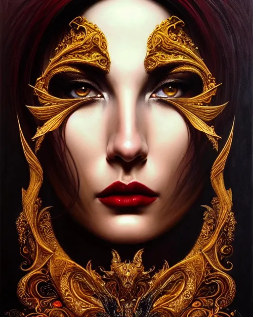 Image similar to portrait of a beautiful goddess, enigmatic beauty, dominant shades of black, gold silver, dark red, white, head in focus, fantasy art, ornamental aesthetics, intricate, elegant, highly detailed, hyperrealistic painting, artstation, concept art, painterly, sharp focus, illustration, art by karol bak