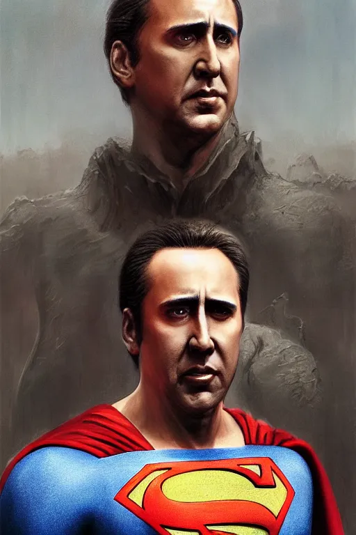 Image similar to Portrait of Nicolas Cage as superman, DC, dark fantasy, intricate, smooth, artstation, painted by Wayne Barlowe, Greg Rutkowski, Zdislav Beksinski