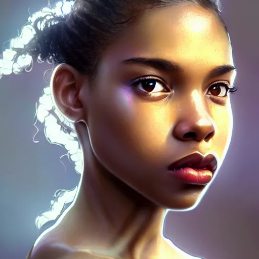 Prompt: a photorealistic hyperrealistic, bright brown eyes, light skinned african american young girl, ponytail hair, flawless face, beautiful lips, cute face, gorgeous white veil, by wlop, artgerm, greg rutwoski, alphonse mucha, beautiful dynamic dramatic low - light moody lighting, cinematic atmosphere, artstation, concept design art, octane render, 8 k