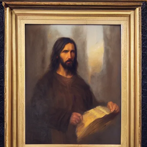 Image similar to photograph imax and solomon joseph solomon and richard schmid and jeremy lipking victorian loose genre loose painting full length portrait painting of jesus