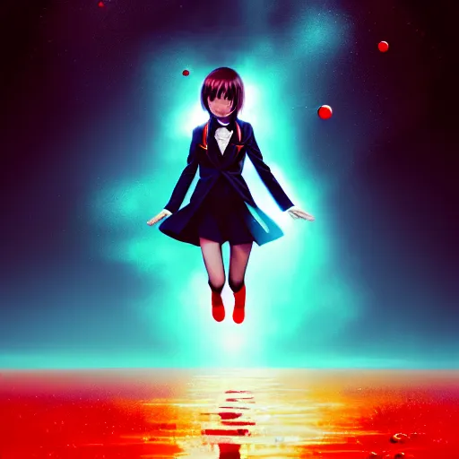 Image similar to giant droplets of water floating around girl, flying with wings, sky blue straight hair, bangs, with amber eyes, red tailcoat, high collar, ultra fine detail, dark theme, digital painting, psychedelic, film still, cinematic, wlop, ilya kuvshinov, ross tran