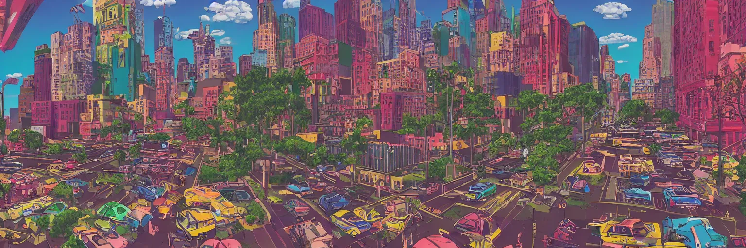 Prompt: a gorgeous landscape new york city, in the metaverse, psyhdelic, 9 0's vibes, grungy, rappers in the streets, basketball courts