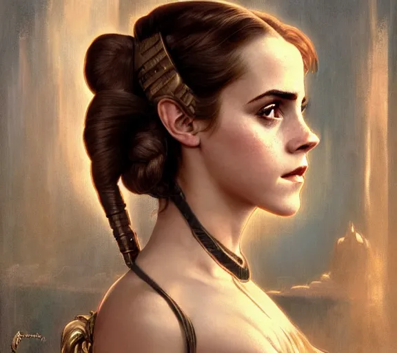 Image similar to photography of a sensual emma watson dressed like princess leia slave girl outfit, deep focus, intricate, elegant, highly detailed, digital painting, artstation, concept art, matte, sharp focus, illustration, art by artgerm and greg rutkowski and alphonse mucha and gil elvgren