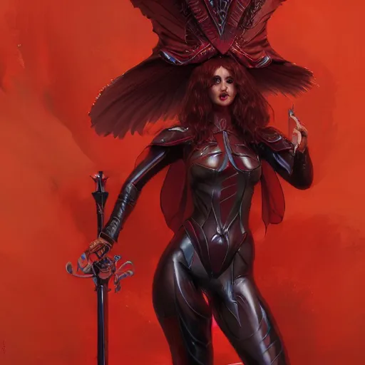 Image similar to a female demon wearing a skintight red mechanics jumpsuit holding a sword, intricate, elegant, highly detailed, digital painting, artstation, concept art, smooth, sharp focus, illustration, art by artgerm and greg rutkowski and alphonse mucha, 8 k