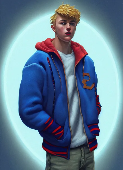 Image similar to portrait of high school senior boy named big moose, blonde short hair, jock, beefy, wide face, square jaw, square facial structure, blue varsity jacket with letter r, intricate, elegant, glowing lights, highly detailed, digital painting, artstation, concept art, sharp focus, illustration, art by wlop, mars ravelo and greg rutkowski