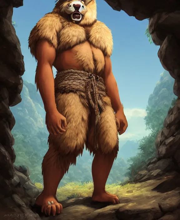 Image similar to burly tough character feature portrait of the anthro male anthropomorphic wolf fursona animal person wearing tribal primitive caveman loincloth outfit belt standing in the entrance to the cave, center framed character design stylized by charlie bowater, ross tran, artgerm, makoto shinkai, detailed, soft lighting, rendered in octane