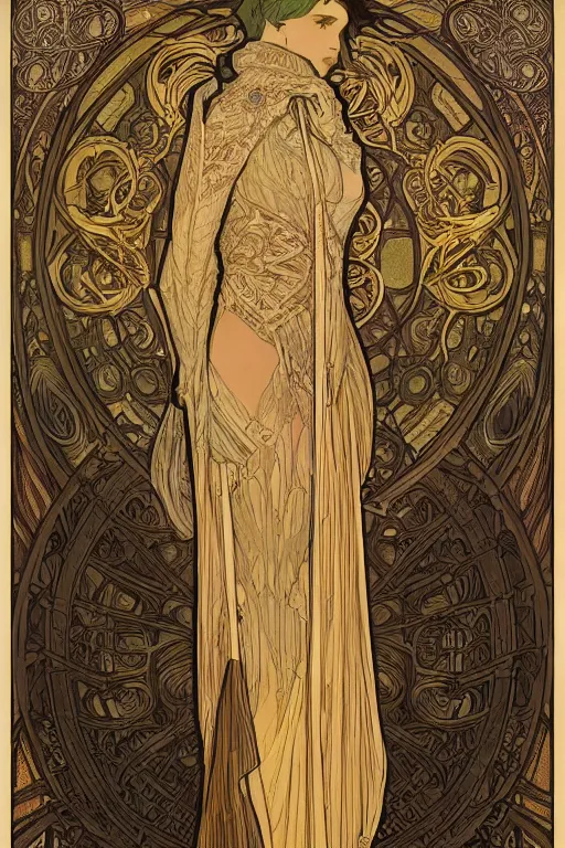 Image similar to full - body artwork, cattie - brie of mithril hall, andreas rocha, greg rutkowski. art nouveau neo - gothic sculpture by mucha. swirly intricate gilded linework background. gaudy colors, sharp edges. ultra clear detailed. 8 k. elegant. octane render