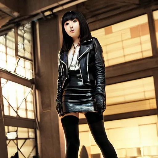 Image similar to a dynamic, epic cinematic 8K HD movie shot of a japanese young J-Pop idol girl wearing leather jacket, miniskirt, nylon tights and high heels boots. Motion, VFX, Inspirational arthouse