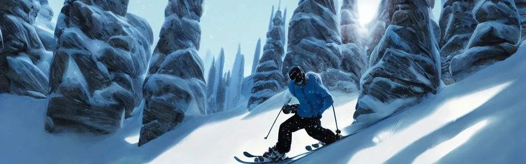 Image similar to a close up profile shot of a skier rushing down a snowy mountian. 8 k, epic cinematic hyperrealism masterpiece. realistic poster with shaded lighting by craig mallismo, artgerm, jeremy lipkin and michael garmash, unreal engine, radiant light, detailed and complex environment, digital art, art station trends, detailed, lens flare, motion blur
