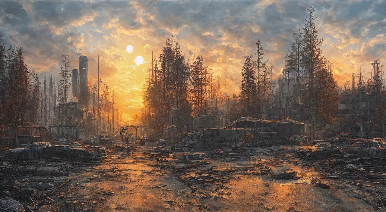 Prompt: a Stunning oil painting of Pripyat by gerg rutkowski,sunset,hyper detailed,Super realistic,Masterpieces,8K Resolution