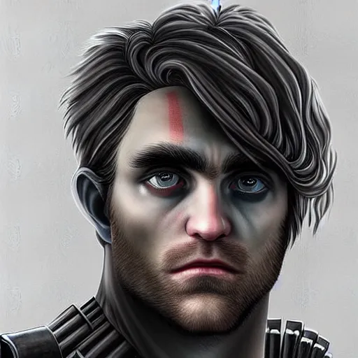 Prompt: “Robert Pattison portrait, dystopia core, hyperrealistic, apocalyptic, highly detailed exoskeleton armor, dramatic, sharp focus, hero, gape, epic, perfectly symmetrical face, perfect eyes, intricate, elegant, digital painting, concept art”