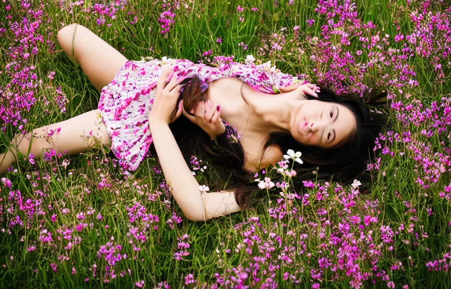 Image similar to a beautiful young Asian woman lying in a field of wildflowers, wearing a sun dress, portrait, dreamy, cinematic, depth of field, glow