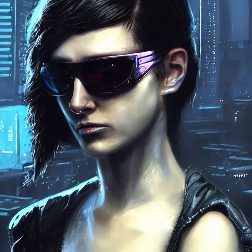 Prompt: closeup portrait of a beautiful trained cyberpunk assassin, sunglasses, shag hair, cyberpunk city background, megacity, neuromancer, molly millions, gorgeous view, dramatic light, depth, high detail, digital art, movie promotional art, painted by seb mckinnon, painted by greg rutkowski, neuromancer, trending on artstation