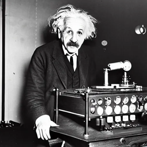 Prompt: photo of Albert Einstein DJing a phonograph, vintage