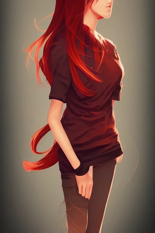 Image similar to girl with medium length red hair. black shirt. looking away! centered median photoshop filter cutout vector behance hd artgerm jesper ejsing!