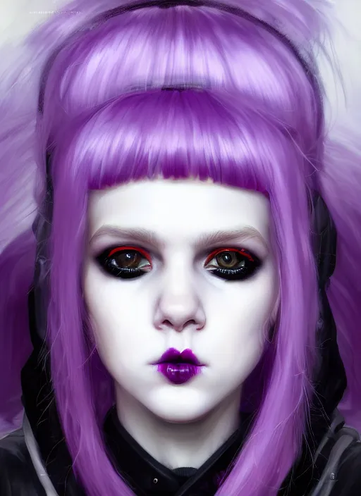 Image similar to portrait of white teenage girl, normal face, white bangs, mall goth, cyberlox, black and white hair, bangs, fluffy bangs, red contact lenses, purple lipstick, intricate, elegant, highly detailed, digital painting, artstation, concept art, sharp focus, smooth, illustration, art by wlop, mars ravelo and greg rutkowski