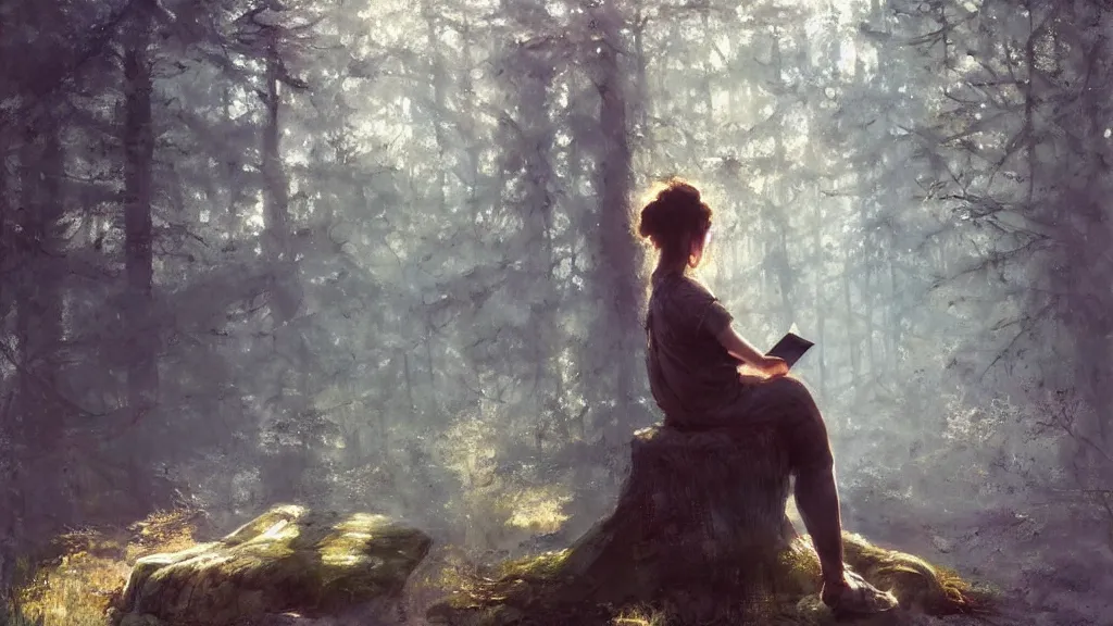 Image similar to girl reading on stump in the forest, curly messy high bun hairstyle, oriental tattoos, morning light, by jeremy mann and greg rutkowski, artstation, oil on canvas