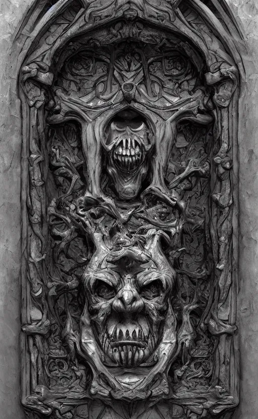 Image similar to port door with carved sinister face head. meduza gorgona. cast iron. gothic medieval baroque. symmetry. epic. ominous shapes. hyper detailed. photoreal. trending on artstation