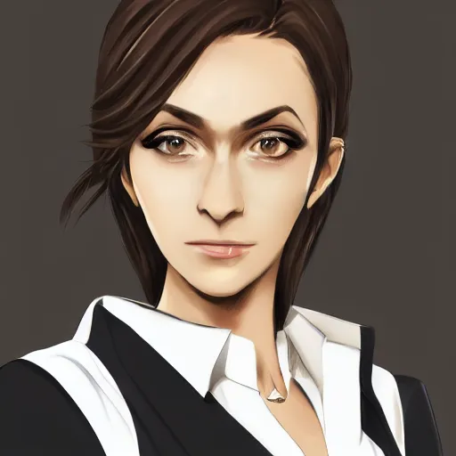 Prompt: woman in black business suit, chill, light brown neat hair, pixiv, fanbox, trending on artstation, portrait, digital art, modern, sleek, highly detailed, formal, serious, determined, lawyer, colorized, smooth, charming, pretty, safe for work