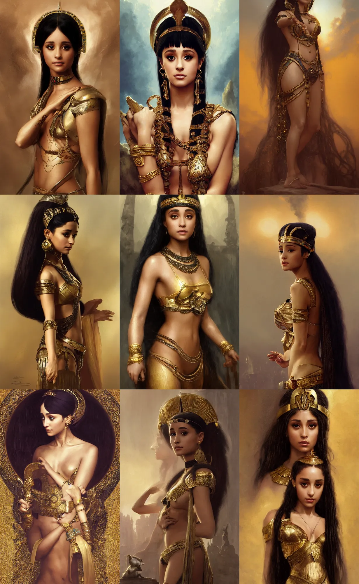 Prompt: Ariana Grande as Cleopatra, intricate, elegant, highly detailed, digital painting, artstation, concept art, smooth, sharp focus, illustration, art by and greg rutkowski and orientalism and bouguereau