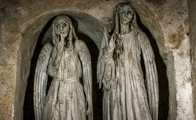 Image similar to several decrepit creepy statues of the archangel gabriel looking at the camera, placed throughout a dark claustrophobic old catacomb cavern, realistic, underexposed photography, bad camera footage, wide shot, sinister, bad lighting, foreboding, grainy photo