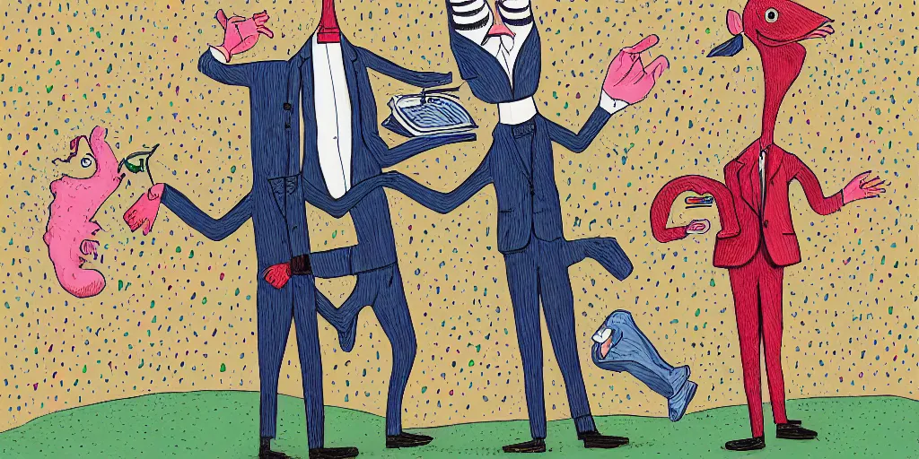 Image similar to anthropomorphic catfish wearing a suit, thumbs upping, by lisa hanawalt, by wanda gag, by tove jannson