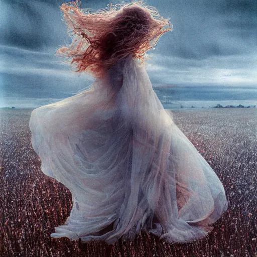 Image similar to 4 k resolution by abbott fuller graves ghostly, bold. a mixed mediart of a woman standing in a field of ashes, her dress billowing in the wind. her hair is wild & her eyes are closed, in a trance - like state. dark & atmospheric, ashes seem to be alive, swirling around.