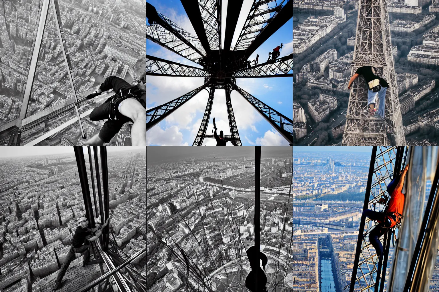 Prompt: Petr Fiala climbing Eiffel Tower, detailed photography