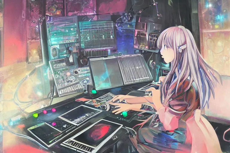 Prompt: painting of girl producing music, anime, cluttered, electronics, wire, dark lighting