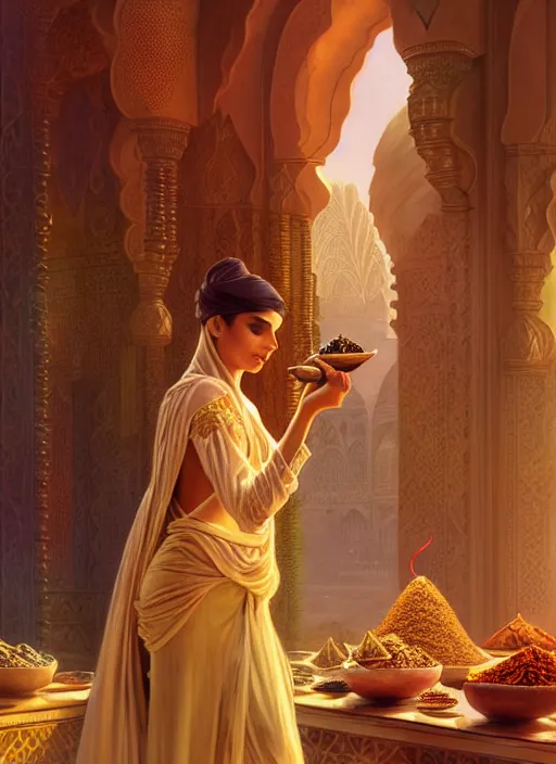 Image similar to a young arabian lady smoking herbs at a desert spice market, shiny, fantasy, intricate, elegant, hyper detailed, ultra definition, photoreal, artstation, unreal engine rendered, concept art, smooth, sharp focus, illustration, art by artgerm and greg rutkowski and alphonse mucha and garis edelweiss