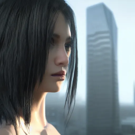 Prompt: « attractive, middle length hair, black hair, girl, photorealistic, unreal engine 5, highly detailed, sharpe focus, front view, blade runner, building skyscraper in the background »