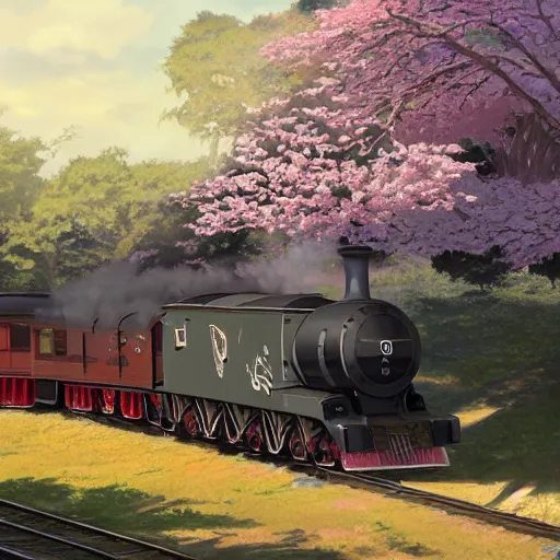 Image similar to concept art painting of a historic transverse view of a steam train, the train carries a cherry tree in flower, realistic, detailed, cel shaded, in the style of makoto shinkai and greg rutkowski and james gurney